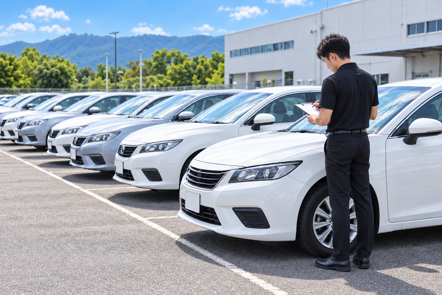 車両のそばでチェック表を確認するスタッフのイメージ